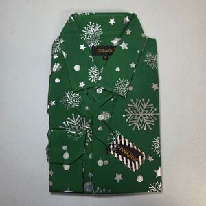DiBanGu Mens Christmas Button Down Shirt Green Silver Snowflake Stars Size M